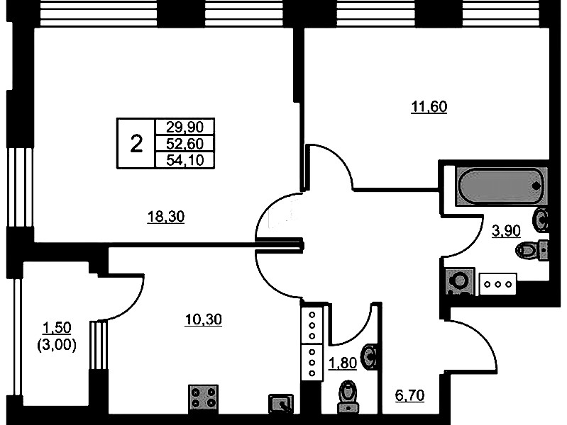 2-комнатная квартира 54.1 м², 10/13 эт., ЖК «Тайм Сквер»